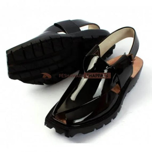 Handmade Black Patent Leather Chappal with Premium Finish
