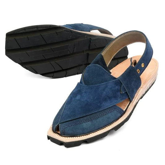 Hand Crafted Blue Suede Quetta Norozi Chappal with Double Sole